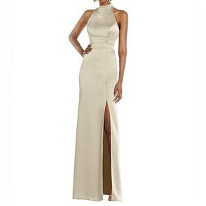 LOVELY HIGH NECK BACKLESS MAXI DRESS WITH SLIM BELT IN CHAMPAGNE SIZE 4